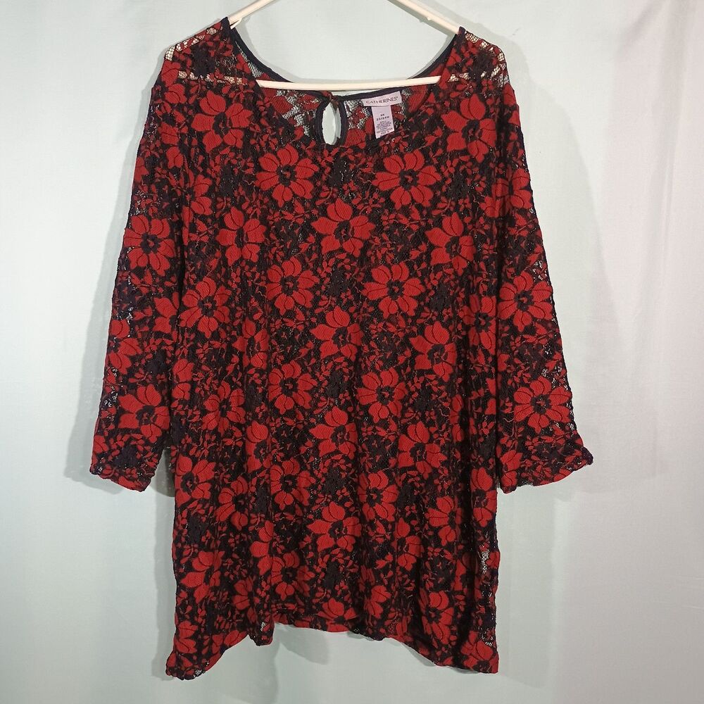 Women’s Red & Black Floral Lace Tunic Top – 3/4 Sleeve Sheer Lace Blouse